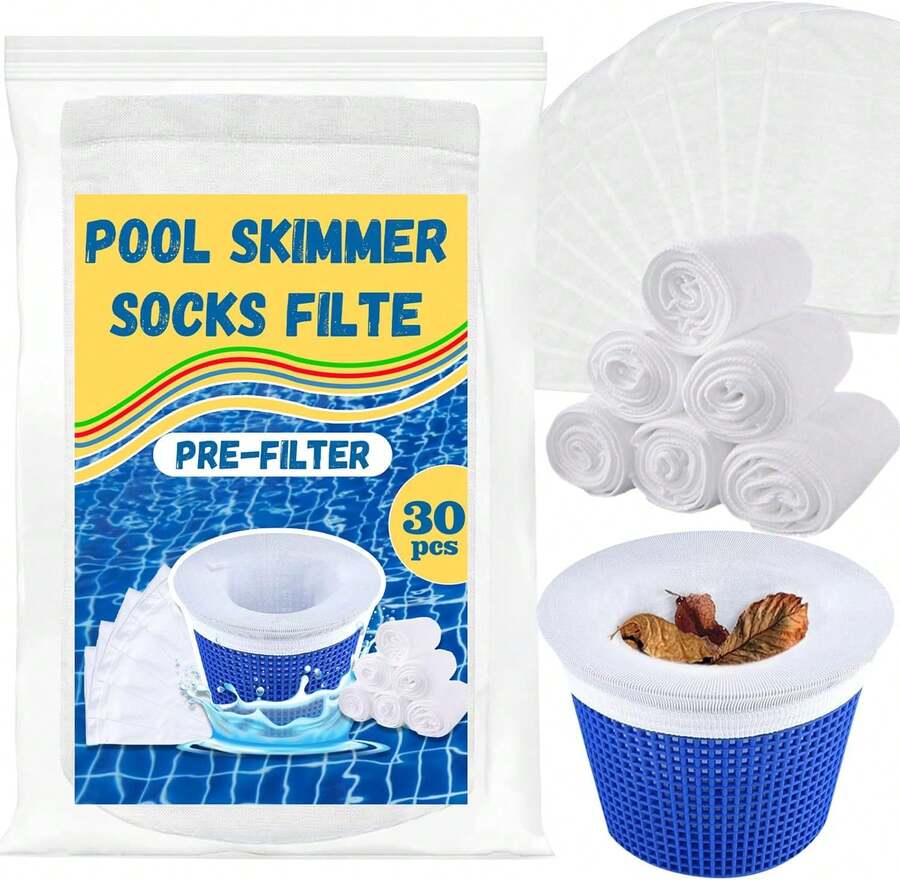 30 Pack Pool Skimmer Socks,Pool Filter Socks For Skimmer Basket For Above Ground And Inground Pool Ultra Fine Mesh Screen Pool Skimmer Scum Socks Saver,Pool Cleaning Filter Socks Cleans Debris Leaves - ColorA - View 1