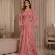 Luxury Long Dress With Flowing Sleeves And Deep Neckline – Timeless Elegance And Sparkle For Parties* - Màu hồng gỉ - Xem 5