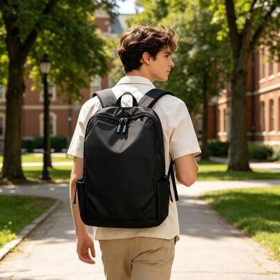 Men's Solid Color Minimalist Backpack, Large Capacity Laptop Bag, Student Schoolbag, Commute/Travel/Casual Daypack