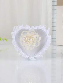1pc White Heart-Shaped Small Lace Edged Ring Box, Pearl Jewelry Ring Storage Box, Wedding Bride & Groom Ring Holder - View 5