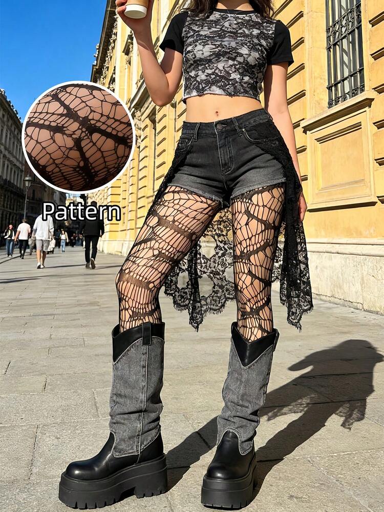 1 pieza Leggings de red de mujer con estampado de murciélago, mallas elásticas y cómodas, sexy para salir, fiestas y uso diario - Negro - Añade 8