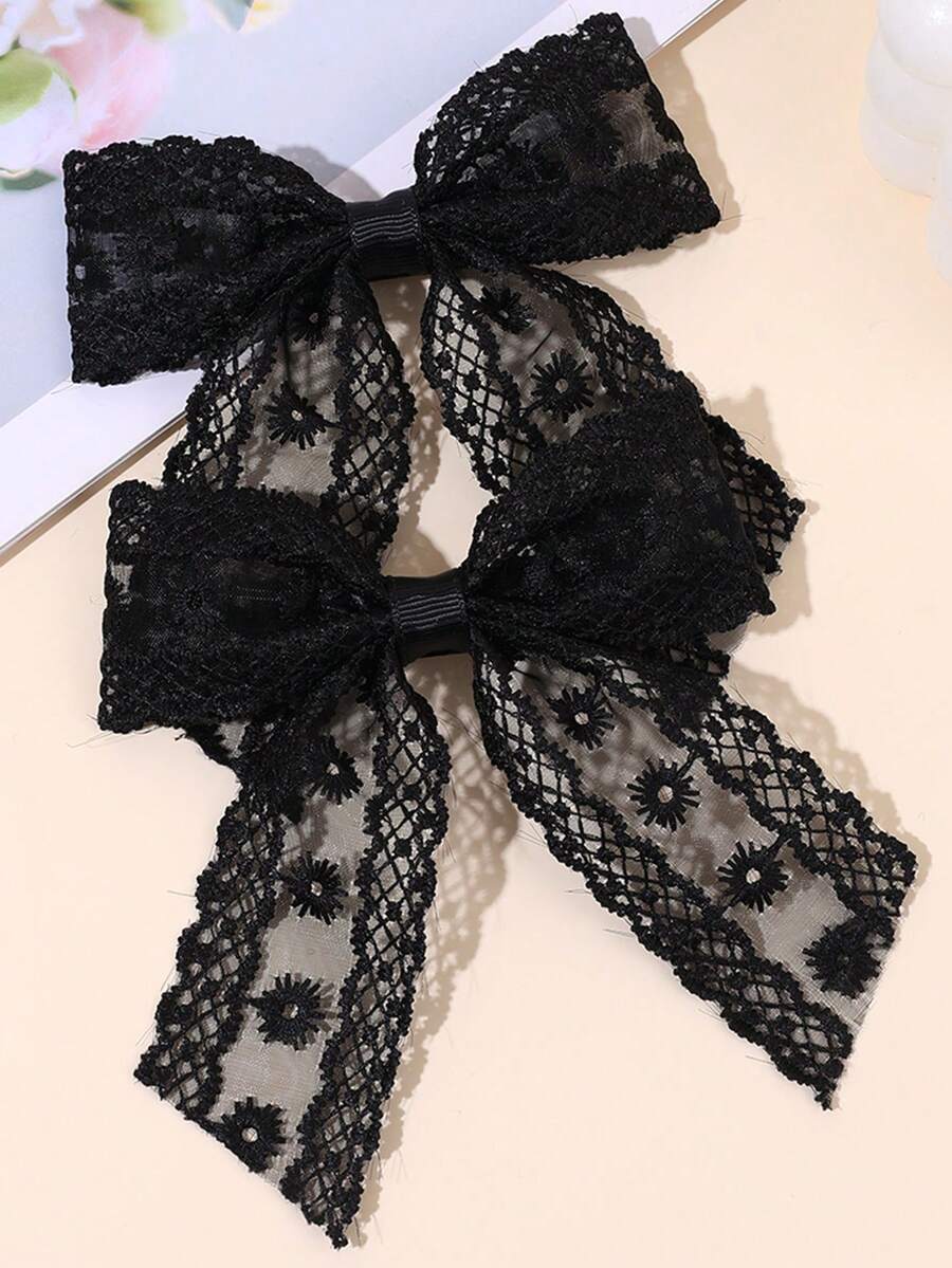 2件裝黑色花卉刺繡蕾絲蝴蝶結髮夾附尾飾,春夏森林風髮飾,甜美女孩童用髮飾 - 黑色 - 查看 1