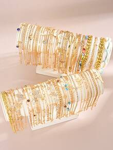 4/10/25pcs Set Beach Vacation Style Heart & Butterfly Hollow Design Seed Bead Tassel Chain, Minimalist Elegant Metal Bracelet & Anklet, Fashion Accessories For Holiday, Party, Gift, Daily Wear - Yellow Gold - View 3