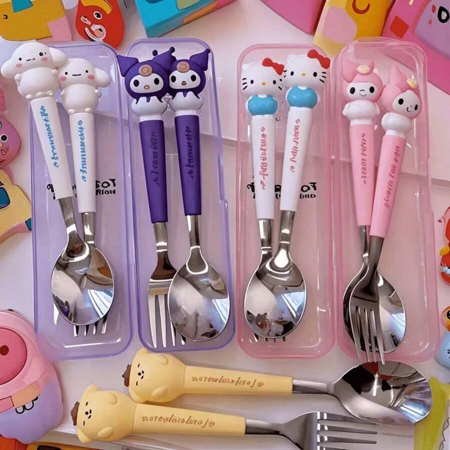 2pcs Sanrio Stainless Steel Portable Cutlery Set, Cute Cartoon Tableware Spoon Fork, Outdoor Travel Utensils