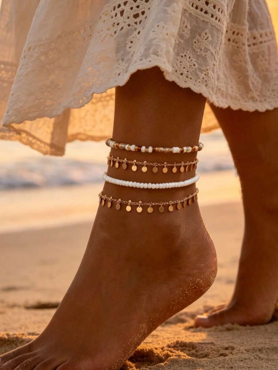 4pcs/Set Beach Vacation Style Beaded Chain Anklets (White, Transparent, Coffee, Light Coffee, Beige Beads, Random Order And Quantity) - White Coffee Color - View 1