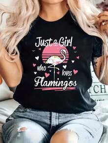 Women's Slim Fit Flamingo Graphic T-Shirt - Short Sleeve Crew Neck Casual Top with Pink Flamingo Print on Black, Soft Machine-Washable Blouse for Spring Summer Casual Attire & Flamingo-Themed Outfits - Negro - Ver 2