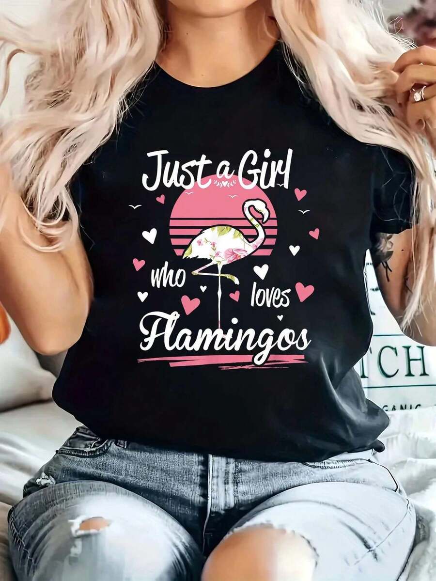 Women's Slim Fit Flamingo Graphic T-Shirt - Short Sleeve Crew Neck Casual Top with Pink Flamingo Print on Black, Soft Machine-Washable Blouse for Spring Summer Casual Attire & Flamingo-Themed Outfits