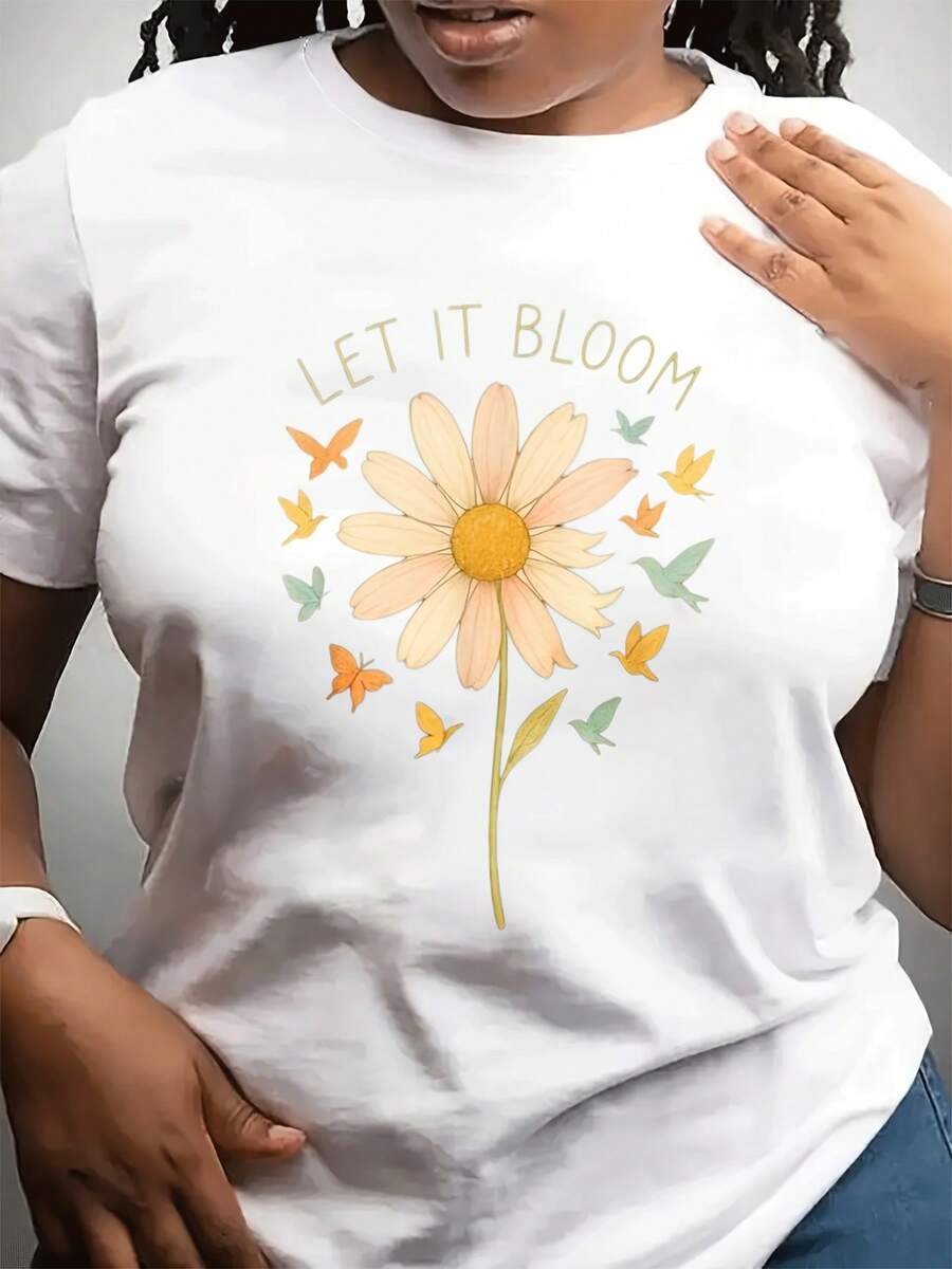 Camiseta de moda corta Sve Casual cuello de tripulación de las mujeres | Estilo pastoral fresco de impresión de mariposa de flores de verano, tejido estirable ligero, perfecto para familia y amigos