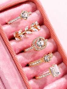 5pcs Exquisite Elegant Luxury Design Rhinestone Leaf Rings Set, Fashionable Jewelry Suitable For Wedding, Party, Holiday Gift And Bride Wear - Multicolor - View 2