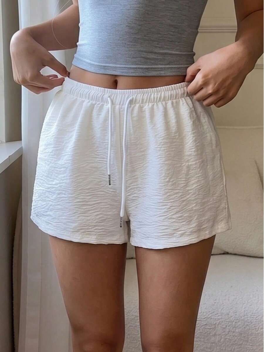 Quần short nữ màu trắng vân nhám dây rút, quần short mùa hè thường ngày lưng thun, quần short cơ bản dáng rộng, mặc ở nhà và mặc hàng ngày - trắng - Xem 1