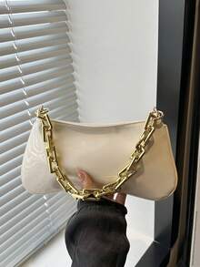1 pièce Sac baguette sous le bras avec décoration de chaîne en or massif brillant - Blanc - Voir 7