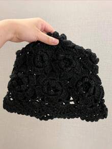 1pc Handmade Crochet Floral Hollow Breathable Mesh Solid Color Beanie Hat For Women, Fashionable Breathable Knitted Cap Suitable For Spring/Summer, Outdoor, Commuting, Gift For Friends,Beach,Travel - Pearl Style - View 4