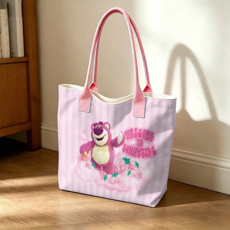 Túi tote hình gấu Lotso trong phim Toy Story của Disney Pixar, túi đeo vai bằng vải canvas dung tích lớn, túi xách tay thông thường thích hợp cho công việc, trường học, mua sắm, du lịch, sử dụng hàng ngày và trang trí nhà cửa. - Hồng - Xem 1