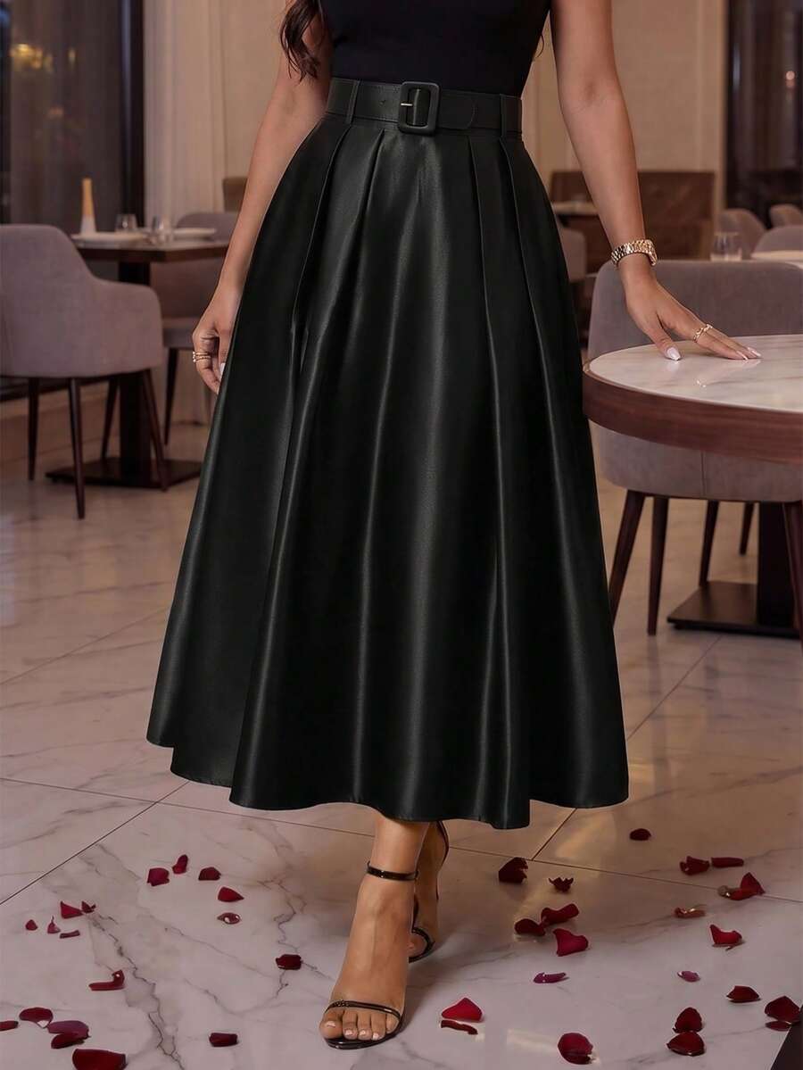 SHEIN Lady Váy dài xếp ly eo trơn màu thời trang nữ - màu đen - Xem 1