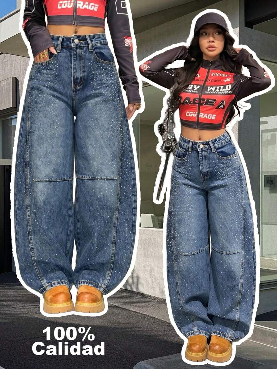 Jeans tipo barrel para mujer con diseño de múltiples bolsillos - Azul - Ver 1