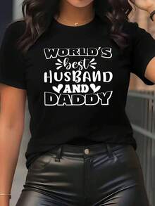 Women's Short Sleeve Crew Neck T-Shirt With Playful Text Print - Casual Sporty Style, Soft And Breathable, 95% Cotton 5% Spandex 180g, Printed Design, Fashionable Personality, Energetic And Dynamic, Comfortable And Versatile - 黑色 - 查看 1