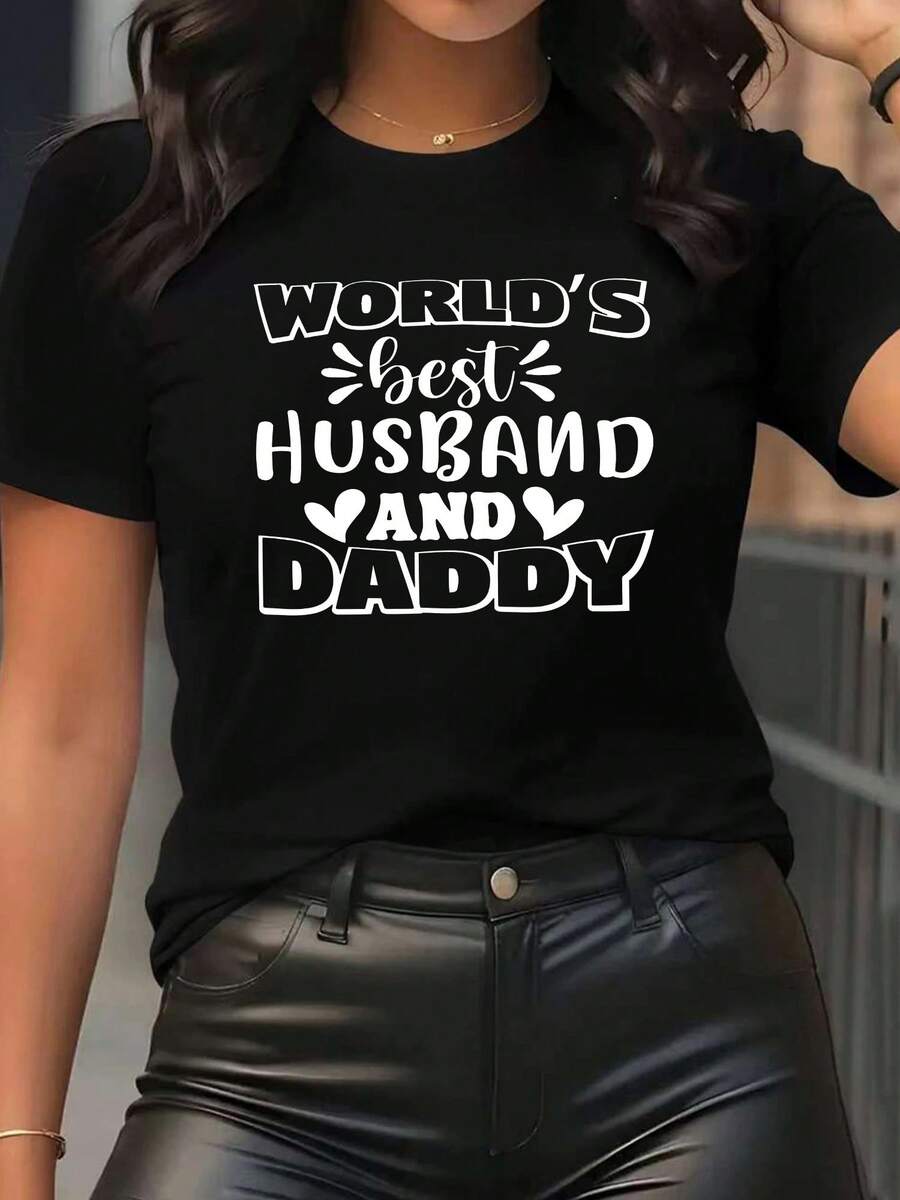 Women's Short Sleeve Crew Neck T-Shirt With Playful Text Print - Casual Sporty Style, Soft And Breathable, 95% Cotton 5% Spandex 180g, Printed Design, Fashionable Personality, Energetic And Dynamic, Comfortable And Versatile - 黑色 - 查看 1