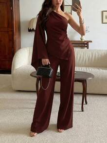 Elegaris Women's Elegant Red-Brown Asymmetric Shoulder Ruched Sleeve Top And Wide Leg Pants 2-Piece Set, Fashionable And Casual - Brown - View 3