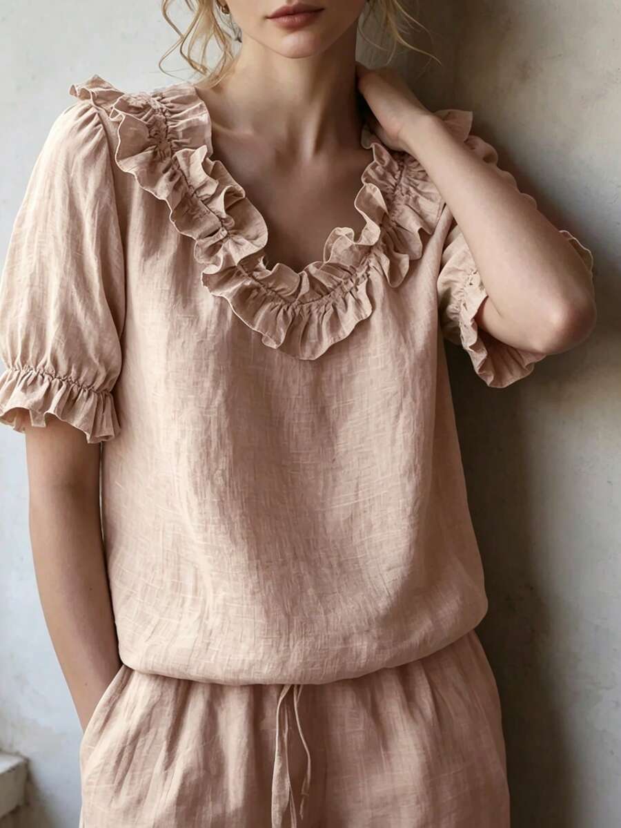 Women's French Ruffled V-Neck Linen Blend Blouse, Bubble Short Sleeve Breathable Loose Casual Top, Suitable For Daily Work/Date/Beach, Multifunctional Spring/Summer Vacation Outfit - Coral Pink - View 1