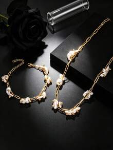 YUZENG Bộ trang sức mạ vàng 18K gồm dây chuyền và vòng tay ngọc trai hình cánh hoa Baroque, kiểu Pháp tinh tế, không gây dị ứng, thích hợp đeo hàng ngày. - Dây chuyền và vòng tay hình cánh hoa - Xem 8