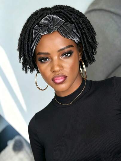 Short Kinky Twist Headband Wig For Women - Glueless Synthetic Dreadlock Wig, Heat Resistant Braided Hair None Lace Front Wig, Natural Daily Wear