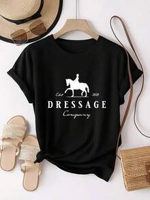 Camiseta cómoda casual diaria de manga corta de cuello redondo de moda deportiva caliente con un estampado de patrón que combina un jinete y la palabra "DRESSAGE - Negro - Ver 2