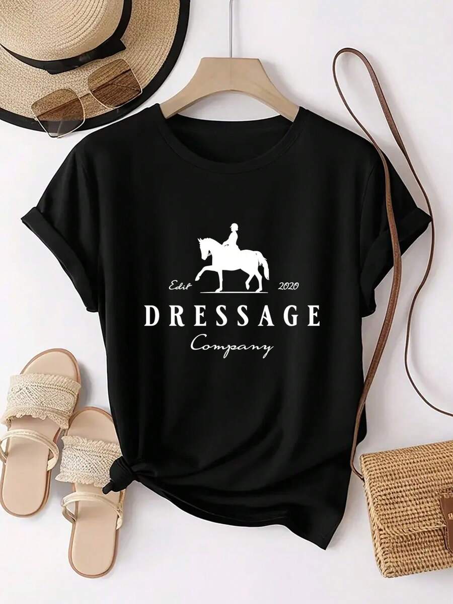 Camiseta cómoda casual diaria de manga corta de cuello redondo de moda deportiva caliente con un estampado de patrón que combina un jinete y la palabra "DRESSAGE