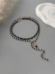 Bộ 2 dây chuyền chữ Y kiểu Gothic cổ điển đính pha lê đen, thiết kế khóa OT thanh lịch, thích hợp cho nữ giới đeo hàng ngày, làm phụ kiện dự tiệc hoặc quà tặng ngày lễ. - màu đen - Xem 4