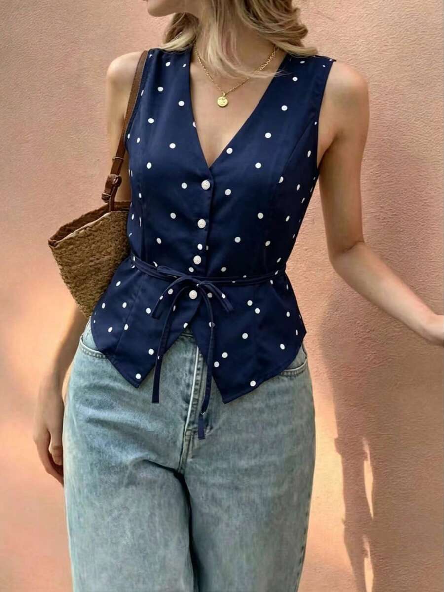 夏季女士休闲波点印花背心衬衫 - 藏蓝色 - 查看 1