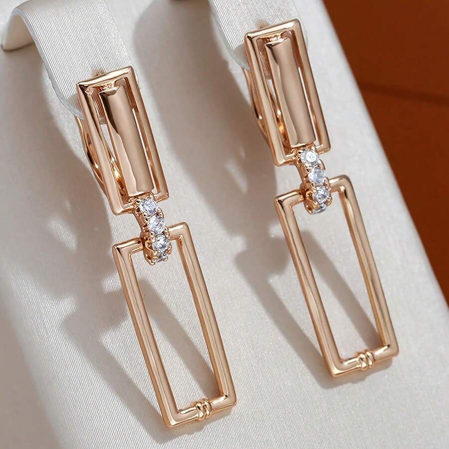 Vanel 1 Pair Fashionable Gold Geometric Pattern CZ Inlaid Earrings, Minimalist Style Earrings Suitable For Daily Wear And Parties, Stylish Jewelry - Golden Yellow-white - View 1