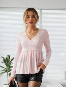 Women's Fall Peplum Tops Fashionable Casual Solid Color Long Sleeve V Neck Ruffle Hem Shirts - 粉色 - 查看 1