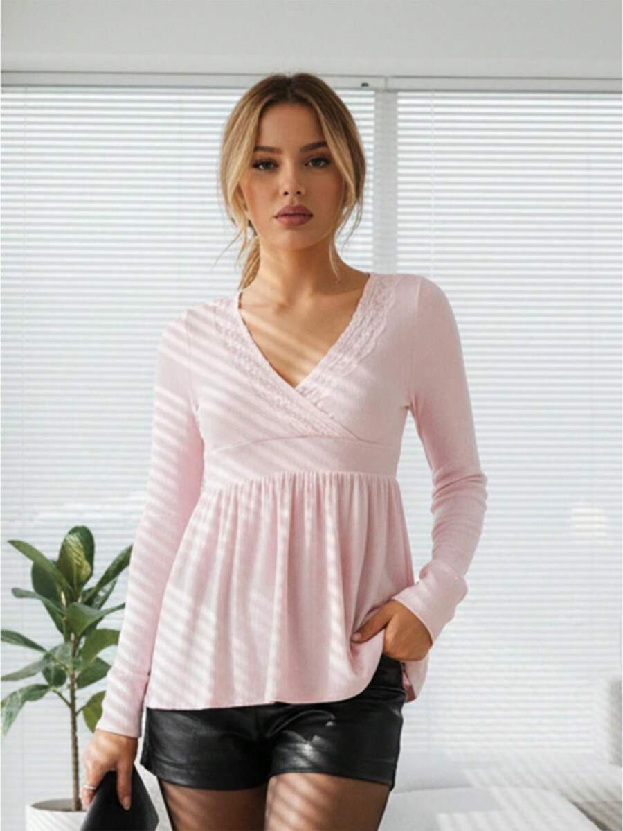 Women's Fall Peplum Tops Fashionable Casual Solid Color Long Sleeve V Neck Ruffle Hem Shirts - 粉色 - 查看 1