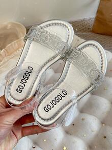 1 Pair Of Girls' Transparent Leather Sandals With Rhinestone Chain Decoration, Design, Flat Open-Toe Sandals, Stylish And Simple, Children's Summer Casual Comfortable Versatile Sandals. - Clear - View 2