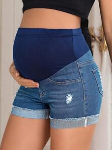 Maternidad Shorts en mezclilla de cintura ajustable desgarro bajo de doblez - Azul lavado medio - Ver 6