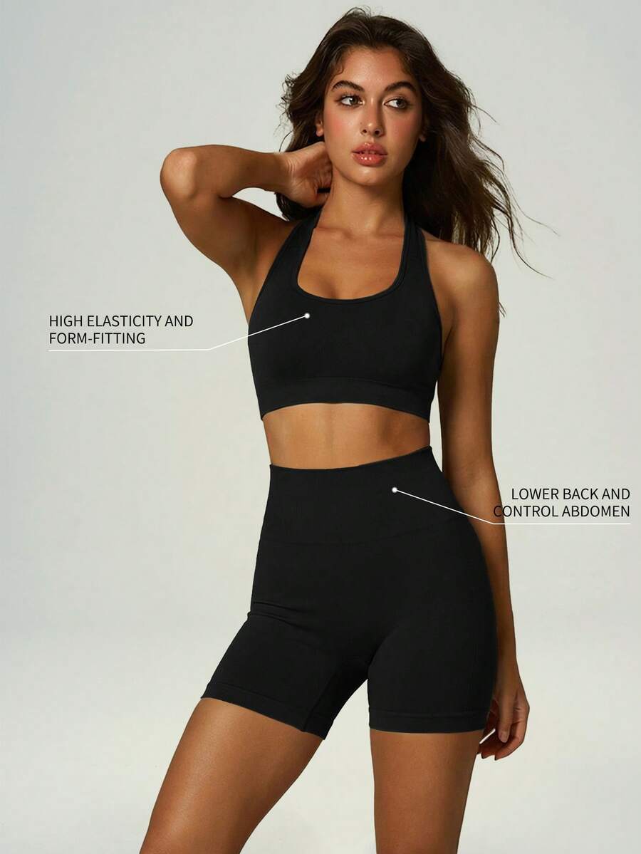 UONNOU Camisole Sports Bra Paired With High Waist Lifting Shorts Fitness Set, Spring/Summer - Black - View 1