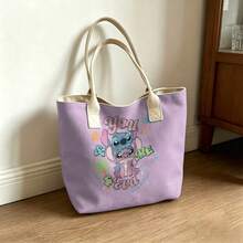 Disney Lilo & Stitch Canvas Tote Bag - "You & Me Equal Love" Stitch & Angel Retro Summer Print Shoulder Bag For Daily Use - Black - View 3