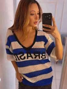 Women's T-Shirt Brazil Striped Knit Oversized Short Sleeve Knit Blouse Fashion World Cup - Blanco y azul - Ver 6
