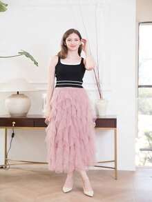 1pc Women's Asymmetrical Ruffled Layered Cake Skirt, Mesh Puff Skirt - Bean Paste - View 3