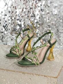 Women's Summer Fashion Vine Flower Rose Criss-Cross Open Toe Chunky Heel Hollow Breathable High Heel Sandals - Green - View 6