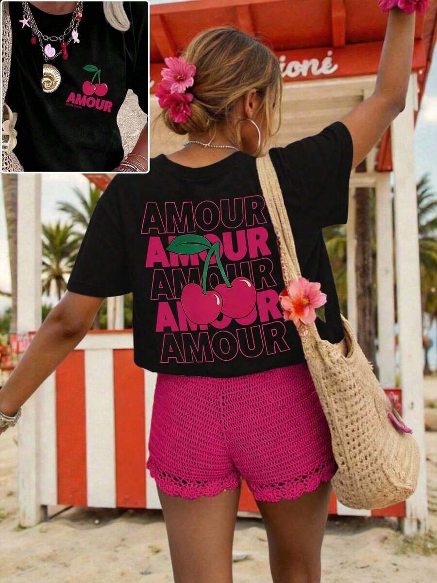 Ropa de vacaciones, primavera y resort para mujer, camiseta gráfica de cerezo de primavera, camiseta gráfica Y2K, camiseta gráfica rosa, blusas de manga corta lindas de verano - Negro - Ver 1