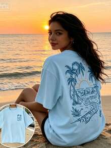 Casual Plus Size Round Neck Short Sleeve Tee With Beach Palm Tree Print - Baby Blue - View 15