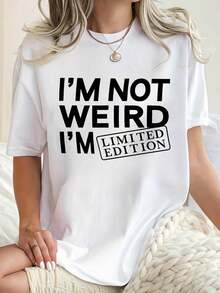 Creative And Fun Minimalist English Graphic Printed Women's Casual Sports T-Shirt, Round Neck, Short Sleeves, Comfortable Summer Top For Day - 白色 - 查看 1
