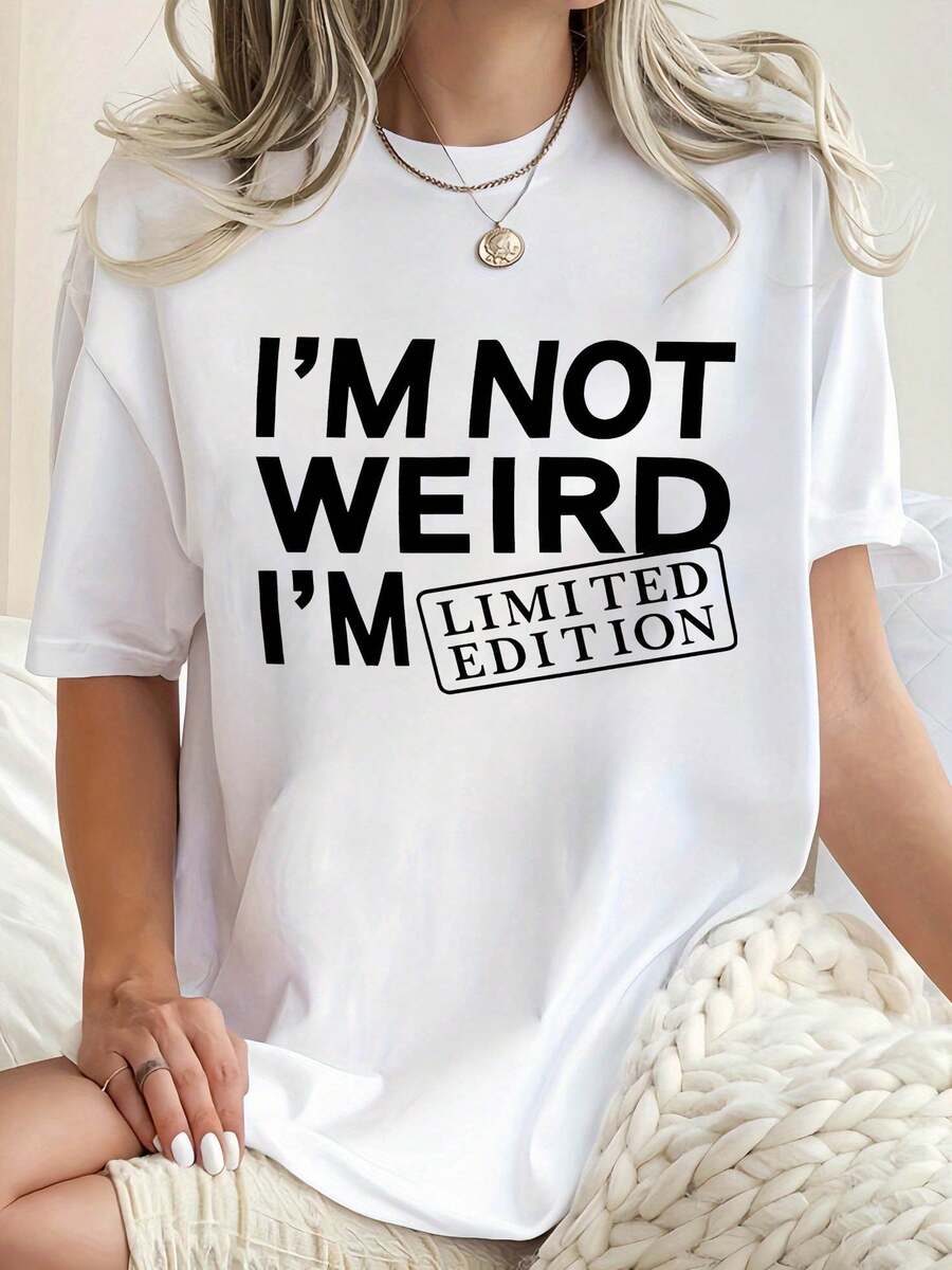 Creative And Fun Minimalist English Graphic Printed Women's Casual Sports T-Shirt, Round Neck, Short Sleeves, Comfortable Summer Top For Day - 白色 - 查看 1