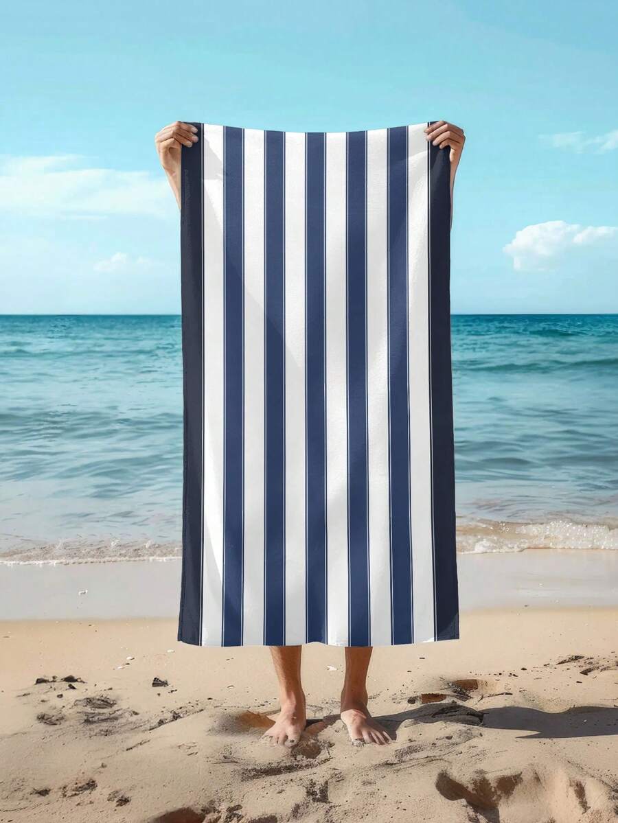 1 pièce Serviette de plage rayée minimaliste, serviette de plage rayée colorée, serviette de plage de grande taille, serviette de plage rayée douce et absorbante, convient pour les voyages, les vacances, les sports, la salle de bain, la piscine et le camping, serviette de voyage moderne essentielle avec une forte absorption d'eau - bleu indigo - Voir 1