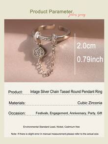 1pc Magical Personalized Round Tassel Square Zirconia Engagement Ring, Luxury Fashion Ring Suitable For Women's Party, Commuting And Various Occasions - White - View 3