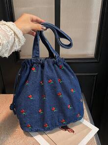 丹寧櫻桃刺繡水桶包，休閒抽繩托特包，輕便日常單肩包，可愛櫻桃圖案丹寧托特包 - 藏蓝色 - 查看 7