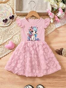 Princess Dress For Girls, Kawaii Print Ball Gown, Tulle Skirt With Flowers, Ideal For Birthday Parties And Special Events, Comfortable And Adorable For Little Girls - 粉色 - 查看 2