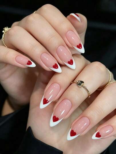 24pcs Summer Almond-Shaped Nail Tips, Classic Elegant Burgundy With White Edges, French Striped Glossy Finish, Flattering For Dates, Parties, Spring/Summer, Suitable For Women & Girls, Autumn/Winter Daily Wear, Removable Press-On Nails Set With Jelly Gel And File Included, Random Jelly Gel Color