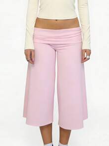Women 's Fold Over Lounge Capris Wide Leg Low Rise Cropped Gaucho Pants Solid Color Flowy Pajama Bottom - Pink - View 7