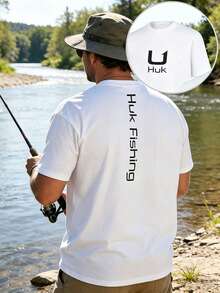 Unisex White Huk Fishing T-Shirt With Black Front Logo And Vertical "Huk Fishing" Back Print, Lightweight Casual Crewneck Tee For Anglers, Perfect For Fishing Trips, Outdoor Activities And Everyday Streetwear. - White - View 2